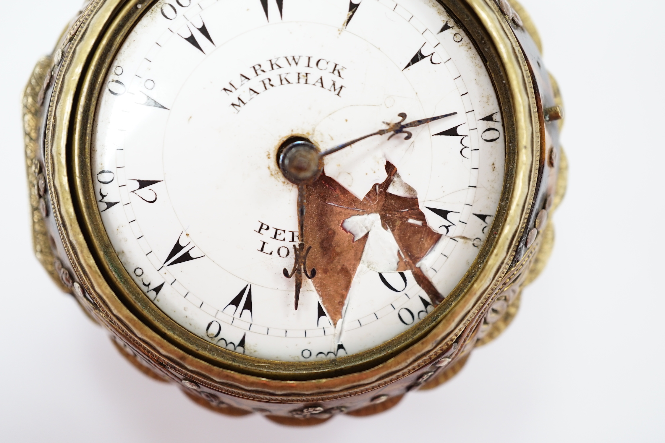 A late 18th century gilt metal and painted tortoiseshell mounted pair cased repeating pocket watch, made for the Turkish market, by Markwick Markham Perigal, London (a.f.).